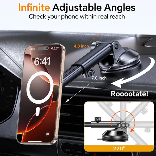 Vista 5 de Coolpow para Soporte de Coche MagSafe【Parabrisas+Ventilación+Tablero】Soporte Magnético de Teléfono para Coche Soporte de Montaje de Teléfono Negro