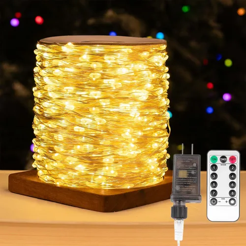 Vista 9 de Luces de Hadas Enchufables, Paquete de 2, 100 Pies, 300 LEDs, Luces de Cadena LED Impermeables, 8 Modos, Luz Parpadeante con Control Remoto