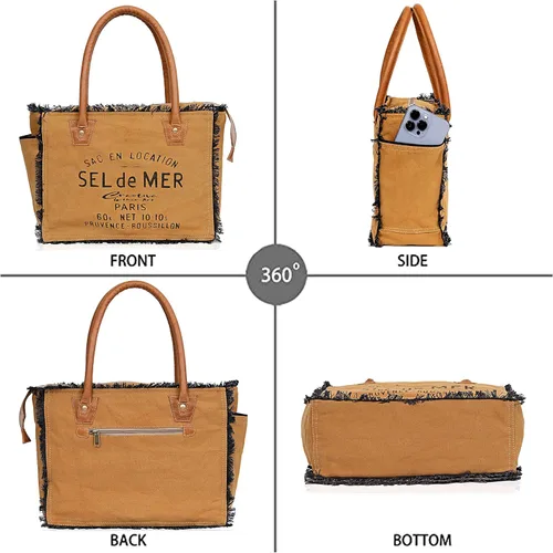 Vista 7 de CLA Bags Bolso de mano de lona reciclada Sel De Mer Bolso de mano de lona reciclada y cuero de vaca Bolsa de lona reciclada radiante y cuero de vaca