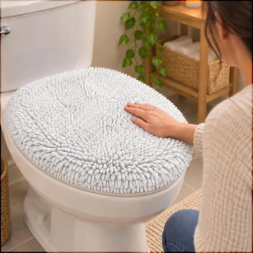 Vista 19 de Mayshine - Cubierta de microfibra tipo shaggy para la tapa del asiento del baño, estándar para baño Beige