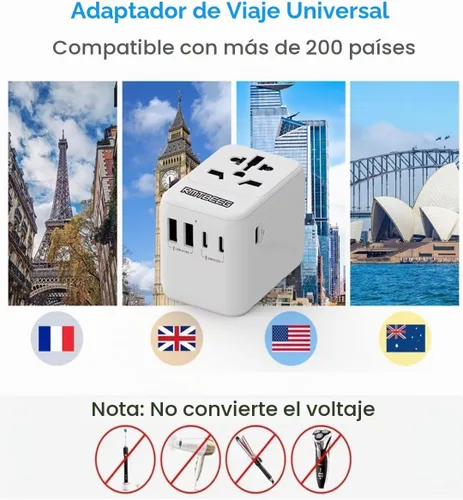 Vista 4 de Adaptador de viaje universal, adaptador de enchufe de alimentación internacional con 3 puertos USB-C y 2 puertos USB-A, cargador de pared todo