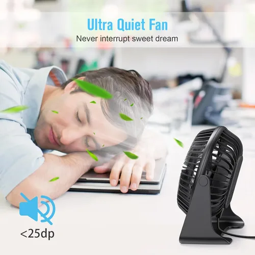Vista 5 de BESKAR Ventilador de escritorio pequeño USB, ventiladores portátiles con 3 velocidades de flujo de aire fuerte, funcionamiento silencioso y rotación