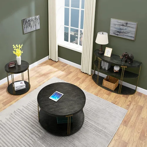 Vista 10 de Mesa de centro redonda con ruedas, mesa de té de centro industrial de 2 usos con estante de almacenamiento, mesa de cóctel circular de 35 pulgadas