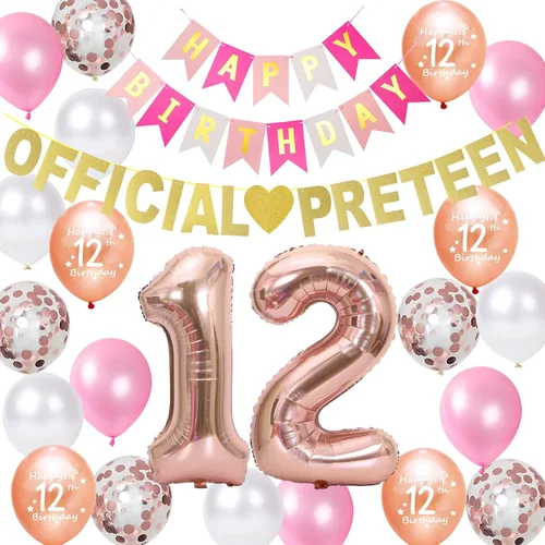 Vista 6 de Decoraciones de fiesta de cumpleaños número 12 azul para niñas, pancarta de cumpleaños número 12, globos de papel de aluminio de cumpleaños azul