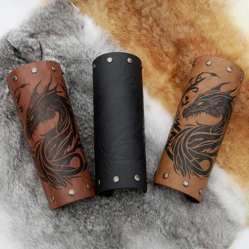 Vista 6 de JAOYU Brazaletes de cuero para hombre, armadura de brazo, brazalete de guantelete, brazaletes medievales, joyería vikinga para mujer, disfraz