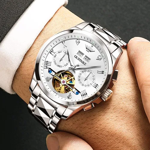 Vista 7 de OUPINKE Relojes para hombre con esqueleto automático de cuerda automática, reloj de pulsera, resistente al agua, tungsteno luminoso