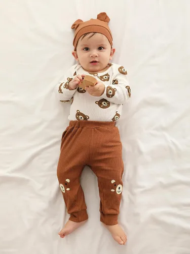 Vista 6 de Conjunto de 3 piezas de ropa de bebé recién nacido con estampado de manga larga + pantalones + sombrero