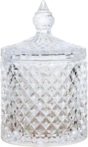 Vista 21 de Tarro de almacenamiento de caramelos de vidrio de cristal colorido con relieve, lujoso recipiente para buffet de galletas con tapas, caja
