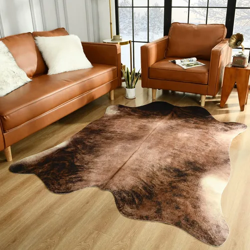 Vista 19 de Easycozy Alfombra de piel de vaca sintética con gran estampado de vaca, 3 x 4 pies, alfombra gruesa y elástica para dormitorio, sala de estar