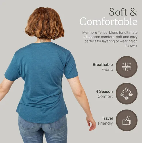 Vista 5 de Nui Organics - Camiseta de lana merino y Tencel Salus para mujer, capa base, tela natural ultrasuave, comodidad durante todo el año, transpirable.