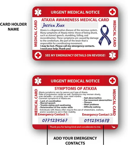Vista 4 de Concientización de la tarjeta médica con panel grabable y cordón modelado, tarjeta de PVC de contacto de emergencia (Ataxia)