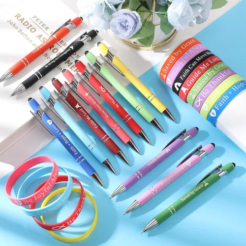 Vista 2 de Glenmal Juego de 24 pulseras de bolígrafos cristianos, regalos cristianos, bolígrafos de tinta negra, pulseras de goma de colores para niños