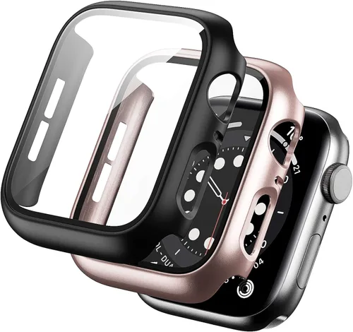 Vista 9 de Paquete de 2 fundas rígidas de policarbonato compatibles con Apple Watch, con protector de pantalla de cristal templado sin burbujas para accesorios