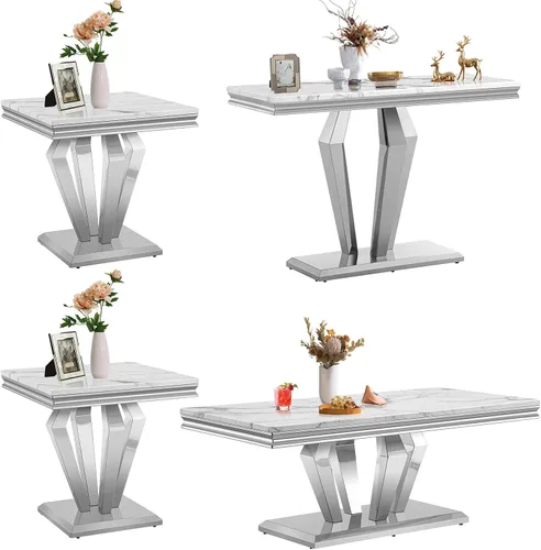 Vista 41 de SSLine Moderna mesa de centro de 1 pieza para sala de estar, mesa de centro de lujo de mármol sintético con patas de acero inoxidable en forma de S
