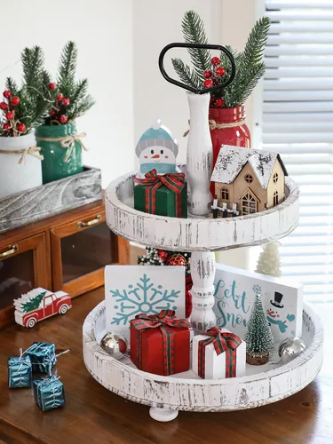 Vista 4 de Juego de 3 bandejas escalonadas de Navidad para decoración de mesa pequeña de madera (cuadros de búfalo 1)