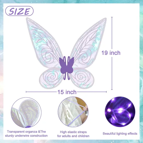 Vista 6 de quescu Alas de hadas iluminadas para adultos, alas de mariposa LED para niñas y mujeres, disfraz de Halloween, regalos para niños
