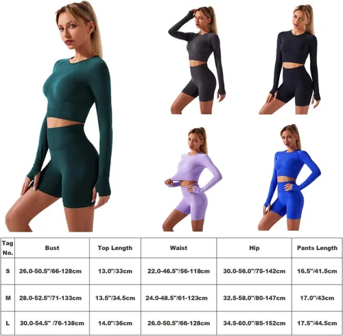 Vista 7 de Conjuntos de 2 piezas sin costuras para yoga y entrenamiento - con ombliguera de manga corta y pantalones cortos de tiro alto para correr