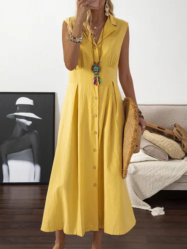 Vista 2 de Vestido largo de verano para mujer, sin mangas, con botones, casual, de algodón, lino, con solapa, cuello en V, acampanado, maxivestido