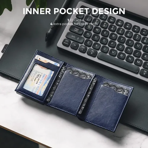Vista 4 de VULKIT Cartera con tarjetero para hombre, con cierre magnético, bloqueo RFID, billetera de cuero triple, marino, Moderno