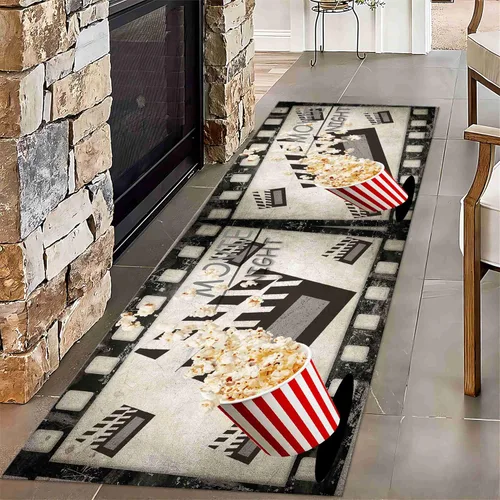 Vista 10 de Alfombra retro de cine en casa, 1.3 x 7 pies, patrón clásico de tablilla negra y carrete de película, alfombra decorativa antideslizante para sala
