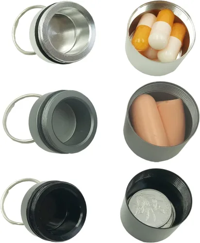 Vista 3 de Pastillero de llavero de 4 piezas, sello impermeable, pequeño pastillero de montañismo, contenedor de píldoras portátil de aleación de aluminio