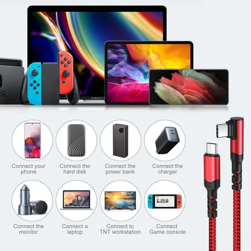 Vista 7 de Cable corto USB C a USB C de 60 W (1 pie, paquete de 3), cable USB-C trenzado de nailon de carga rápida en ángulo recto, cable de carga C de 90 Rojo