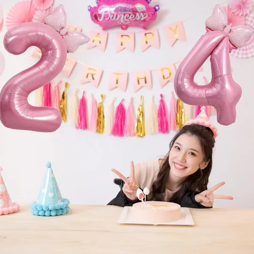 Vista 5 de Globo rosado de 40 pulgadas con número 4 y lazo mini para decoraciones de fiesta de cumpleaños número 4 de niña - Suministros de fiesta con tema rosa