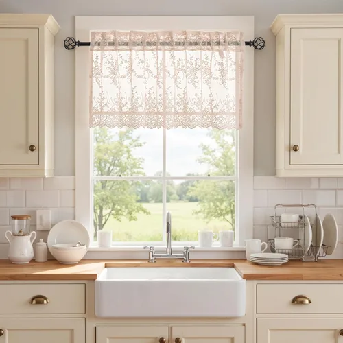 Vista 9 de Kotile - Cenefa de encaje beige para ventanas de estilo rústico campestre con diseño floral de vid, fondo ondulado, cenefa transparente de encaje