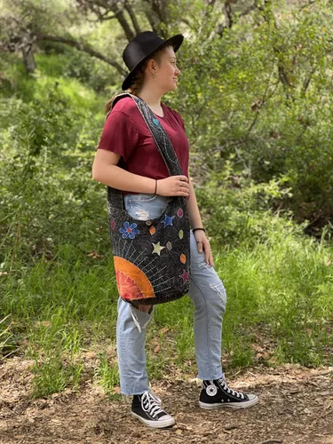 Vista 4 de Elements of Nature - Bolso cruzado estilo hippy hippy bohemio cosido a mano, color negro, grande, Varios colores, Hippie