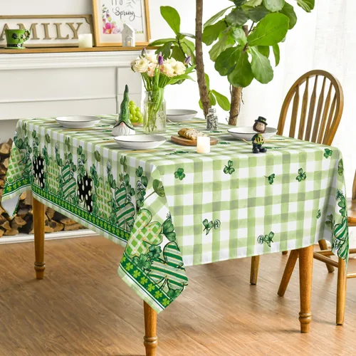 Vista 3 de Horaldaily Mantel rectangular del Día de San Patricio de 52 x 70 pulgadas, funda de mesa de trébol a cuadros de búfalo para decoración de fiesta