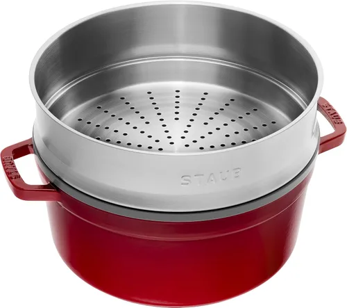 Vista 2 de staub La Cocotte Round 40510-601 Pico Cocotte - Juego de vaporizador redondo de cereza de 10.2 pulgadas (10.2 in), grande, fundición a dos manos