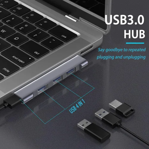 Vista 3 de Hub USB-C para portátil - Adaptador multipuerto ultradelgado con USB 3.0, expansor para MacBook Pro/Air, Surface Pro, teclado, unidad flash (4 en 1)