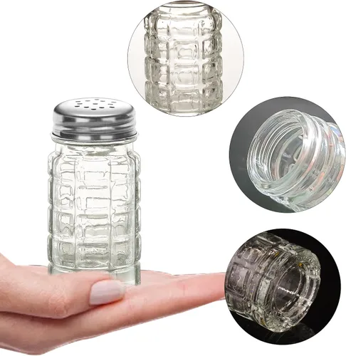 Vista 3 de Juego de 2 saleros y pimenteros retro de 1.5 onzas, estilo retro, de cristal transparente, para cocinas o restaurantes del hogar, 1.5 fl oz (2)