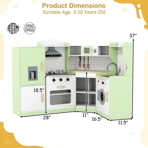 Vista 8 de KOTEK Cocina de juguete de madera para niños con sonido y luz, campana extractora, máquina de hielo, lavadora, microondas, horno, fregadero, traje