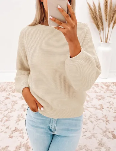 Vista 8 de ZESICA Women's 2024 Crew Neck Long Lantern Sleeve Casual Loose Ribbed Knit Solid Soft Pullover Sweater Tops