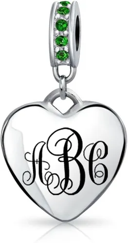 Vista 3 de Engravable Initial Monogram Crystal Accent Bale Dangle Heart Shaped Charm Bead For Women Teen .925 Sterling Silver European Bracelet Simulated