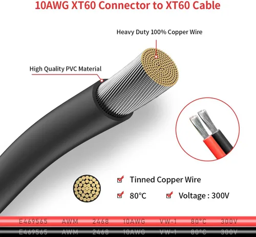 Vista 4 de ELFCULB 10AWG 2FT XT60 Cable de Extensión 2 6 10 20 35 50 75 100FT Conector XT60 Hembra a Macho para Batería RC Estación de Energía Portátil Panel