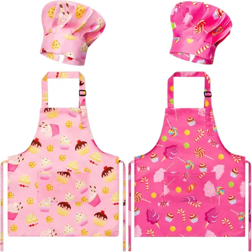 Vista 9 de Juego de 4 delantales y sombrero de chef para niños, regalo para niñas y niños, con palabras del alfabeto de animales, delantales ajustables