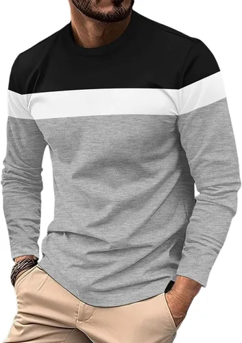 Vista 6 de Camiseta de manga larga para hombre, clásica, casual, cuello redondo, bloque de color, ajuste relajado