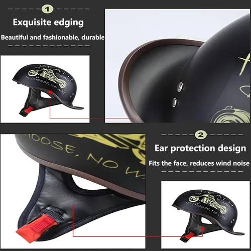 Vista 4 de Casco de motocicleta retro de media cara aprobado por DOT para hombres y mujeres adultos, estilo vintage alemán, con diseño de calavera