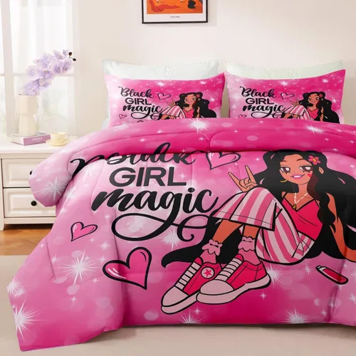 Vista 2 de Juego de edredón de niña negra tamaño individual para niños, juegos de ropa de cama mágica de niña negra, juego de edredón de princesa melanina