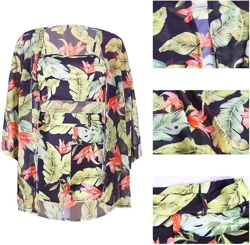 Vista 4 de KEYUFANG Conjunto de 3 piezas para mujer, kimono floral, cárdigan, salida de baño, hombros descubiertos, ombliguera y camisola