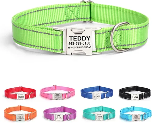Vista 21 de Collar personalizado para perro con etiqueta de nombre, collar de nailon reflectante para mascotas, collares de perro con hebilla dorada grabada