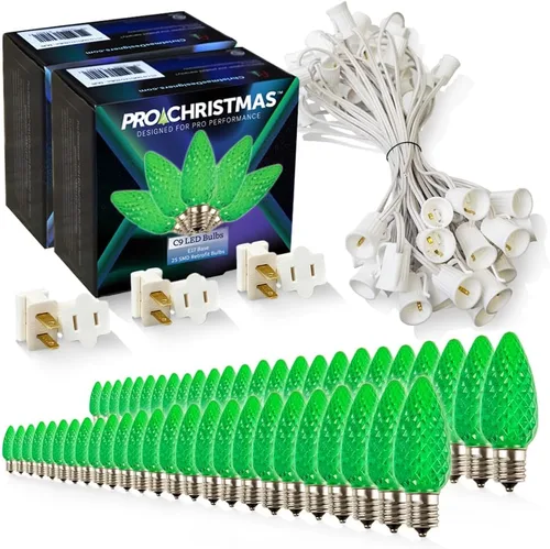 Vista 55 de Pro Christmas - Kit de luces C9 para exteriores, blanco cálido, cable verde, 50 bombillas, 50 pies