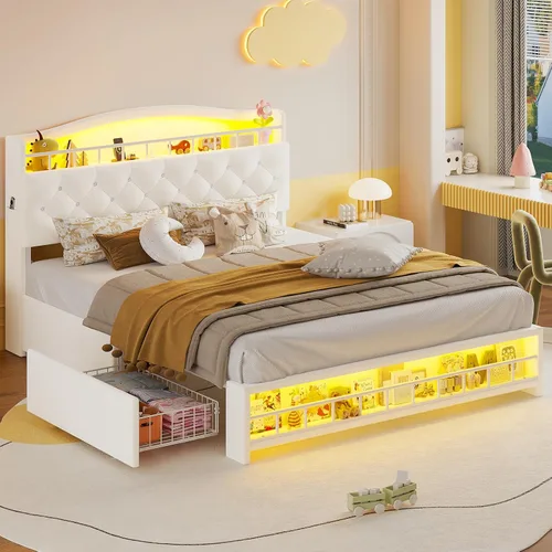 Vista 11 de HAUOMS Cama de princesa individual con luces LED y 4 cajones para niñas