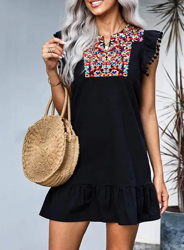 Vista 2 de KYLASIEN Vestido de verano casual bohemio con cuello en V para mujer, bordado floral, con volantes, hombros y volantes, estilo bohemio