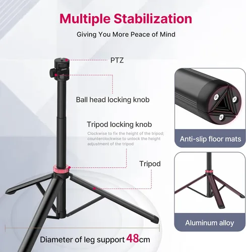 Vista 5 de VIJIM MT-79 Soporte de luz de fotografía extensible, trípode de luz portátil ajustable de 81" con rosca de 1/4", cabeza de bola de 360°, trípode