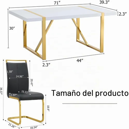 Vista 3 de Ebullient Juego de Mesa de Cocina Rectangular de MDF Blanca y Sillas de Comedor de Cuero Set de 6, Mesa de Comedor con Marco de Metal Dorado Moderno