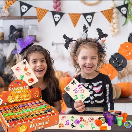 Vista 6 de 120 sellos de Halloween para niños a granel, juguetes autoentintados para fiesta de truco o trato, varios sellos de calabaza, fantasma, araña