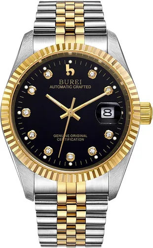 Vista 13 de BUREI Reloj automático de lujo para hombre, resistente al agua, reloj mecánico, correa ajustable de dos tonos de acero inoxidable
